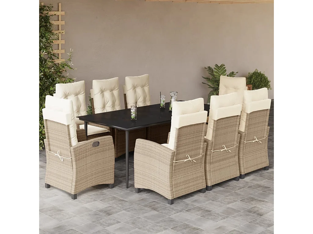 Set comedor de jardín 9 piezas con cojines ratán sintético beige