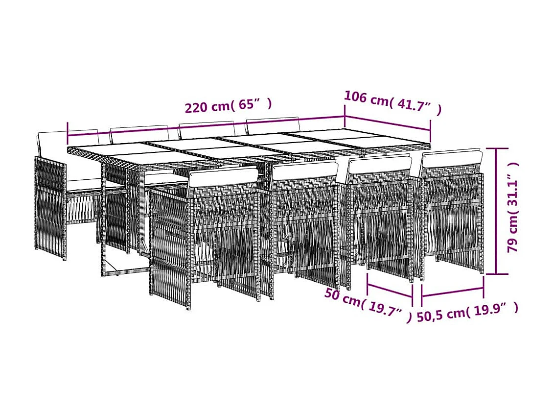 Ensemble à manger de jardin 9 pièces coussins noir résine tressée