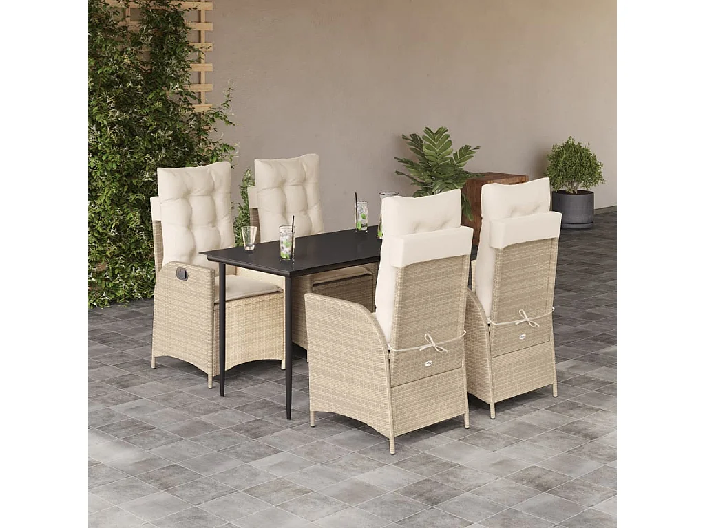 Ensemble à manger de jardin avec coussins 5 pièces Beige poly rotin