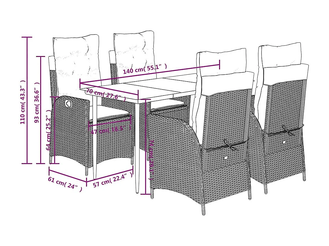 Ensemble à manger de jardin avec coussins 5 pièces Beige poly rotin