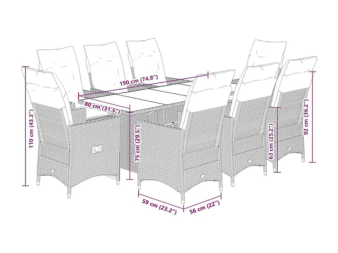 Ensemble à manger de jardin et coussins 9 pièces beige Poly rotin