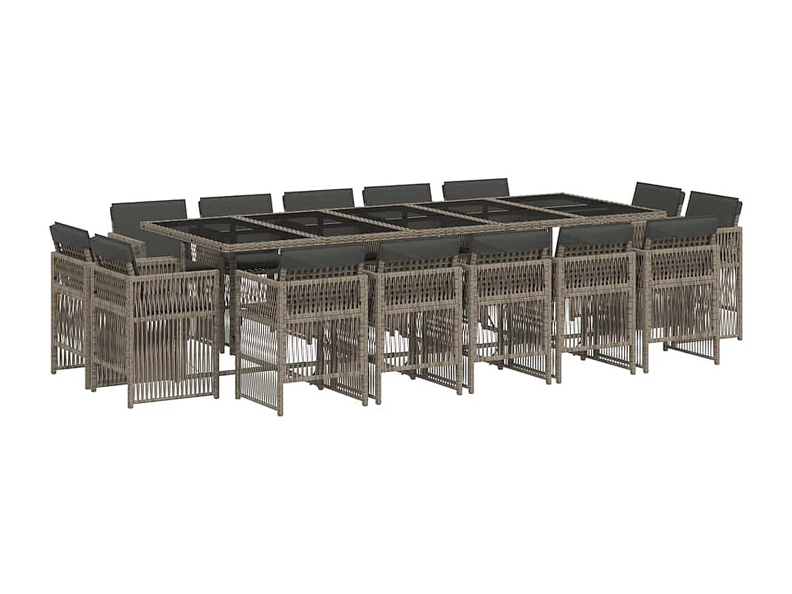Set comedor de jardín con cojines 15 piezas ratán sintético gris