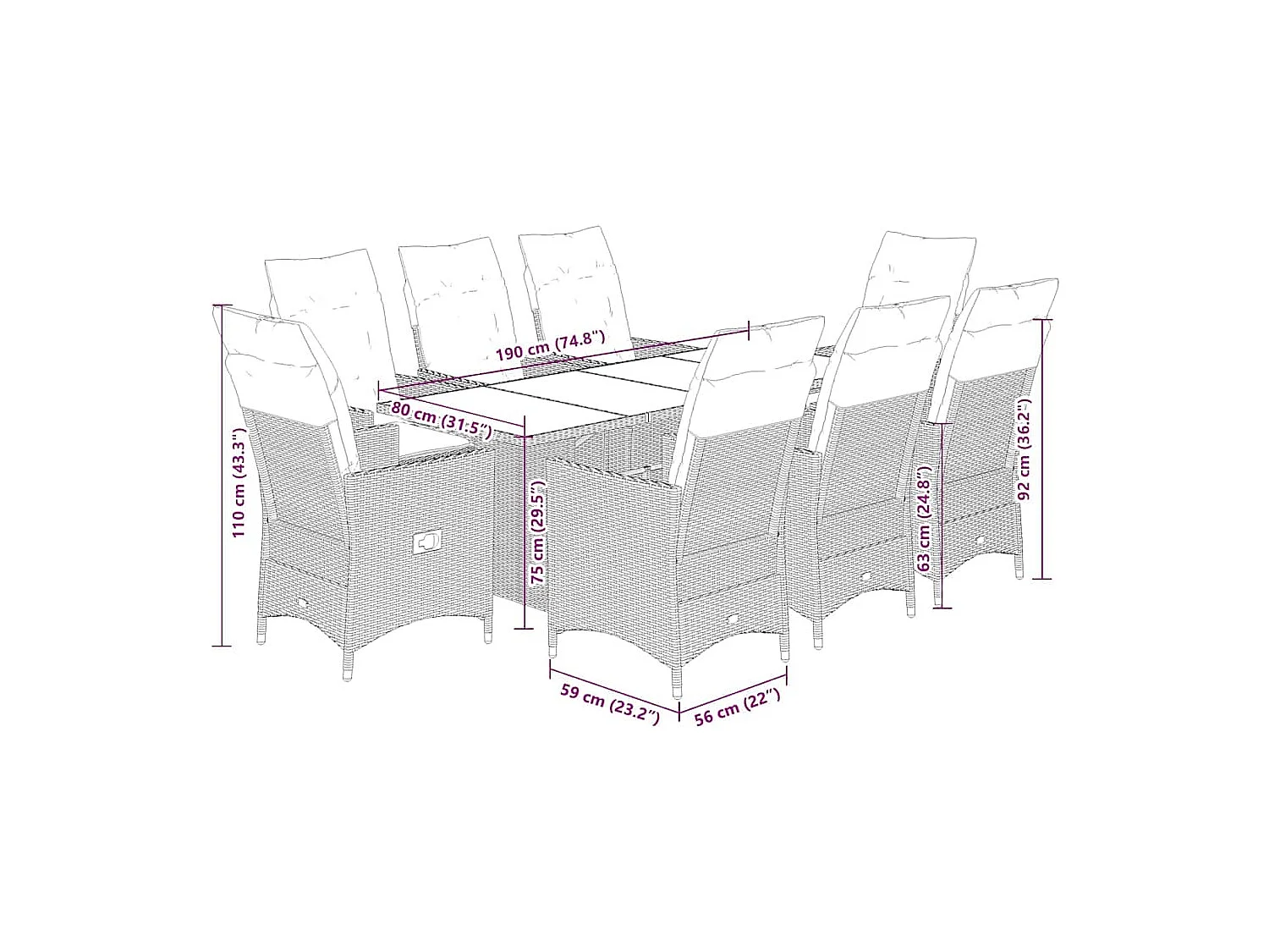 Ensemble à manger de jardin 9 pièces coussins noir résine tressée