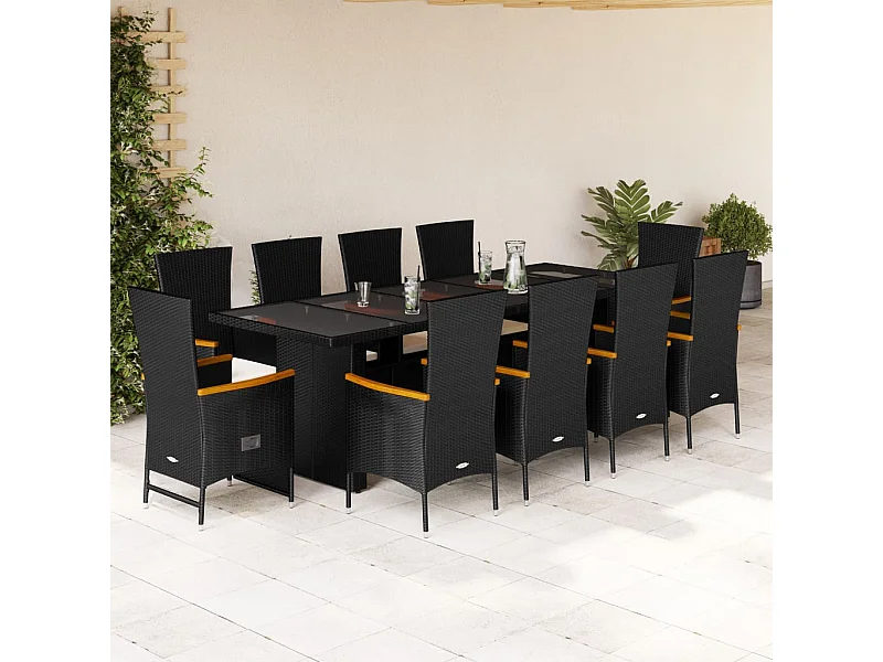 Set de comedor jardín 11 piezas con cojines ratán sintético negro