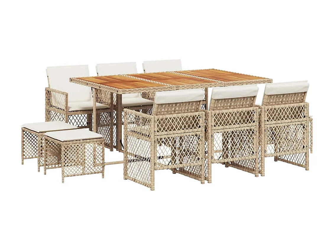 Set comedor de jardín 11 piezas con cojines ratán sintético beige