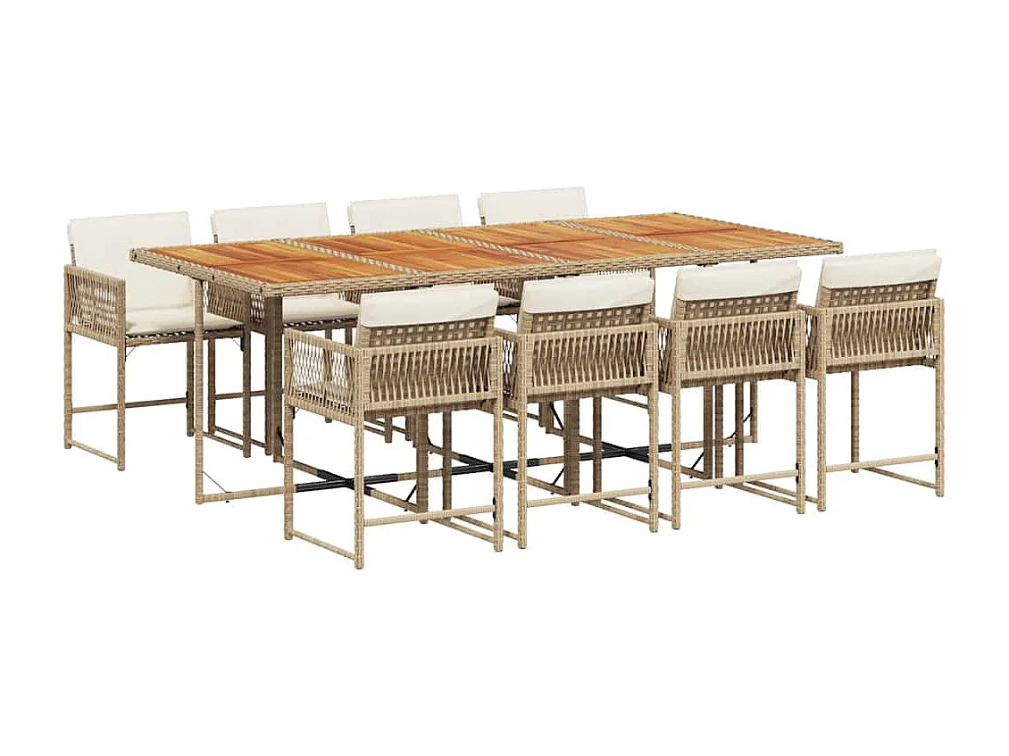 Ensemble à manger de jardin et coussins 9 pièces beige Poly rotin