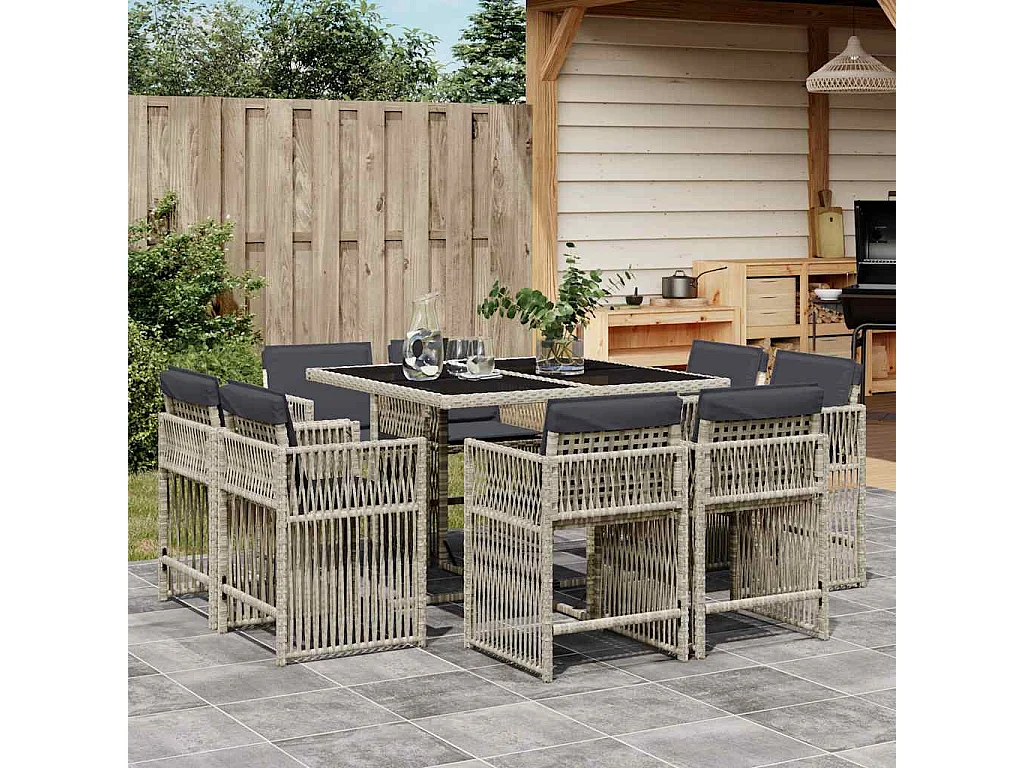 Set comedor de jardín 9 piezas cojines ratán sintético gris claro