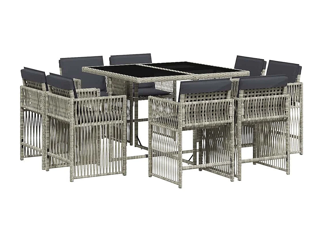 Set comedor de jardín 9 piezas cojines ratán sintético gris claro