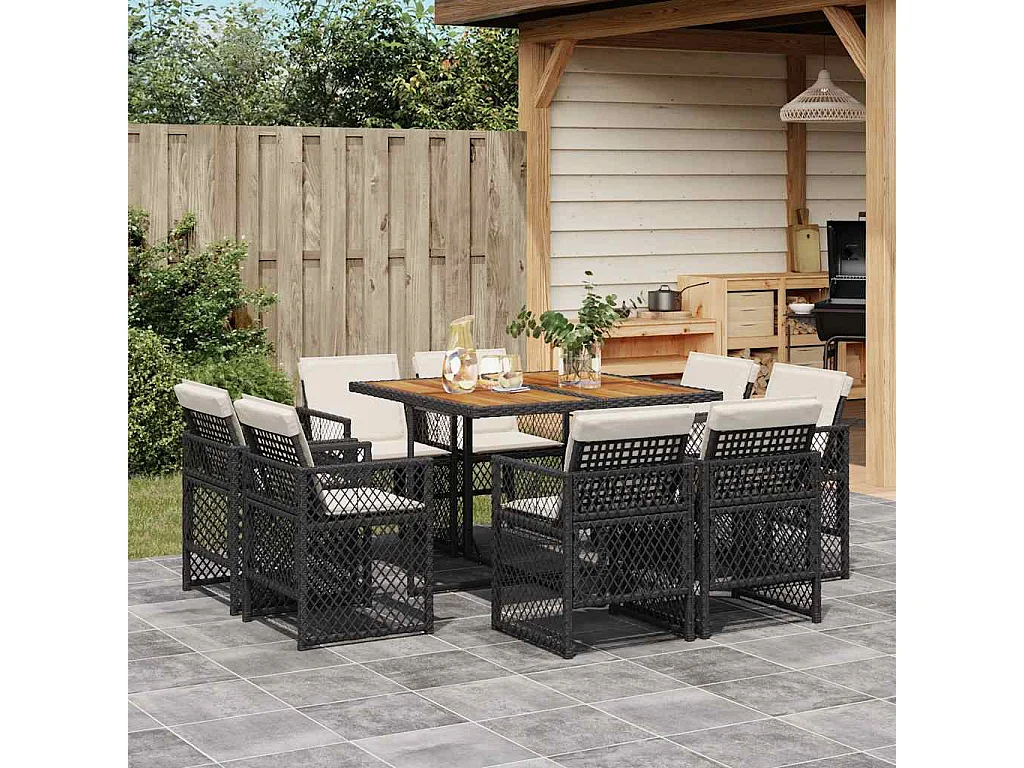 Ensemble à manger de jardin 9 pièces coussins noir résine tressée