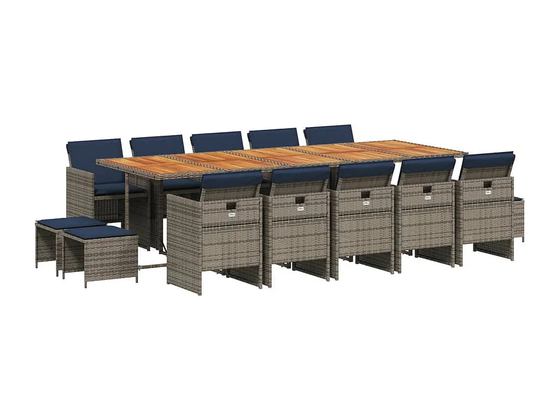 Ensemble à manger de jardin 15 pièces coussins gris résine tressée