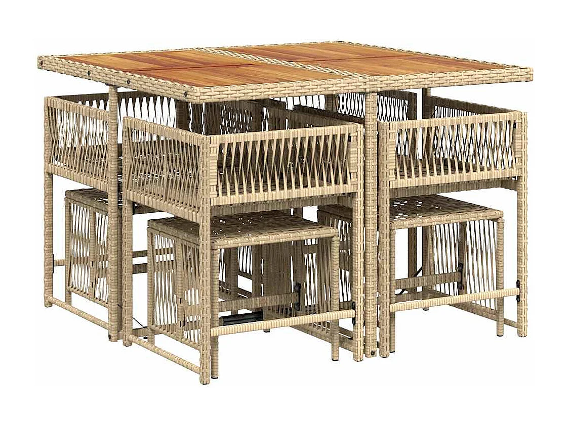 Ensemble à manger de jardin et coussins 9 pièces beige Poly rotin