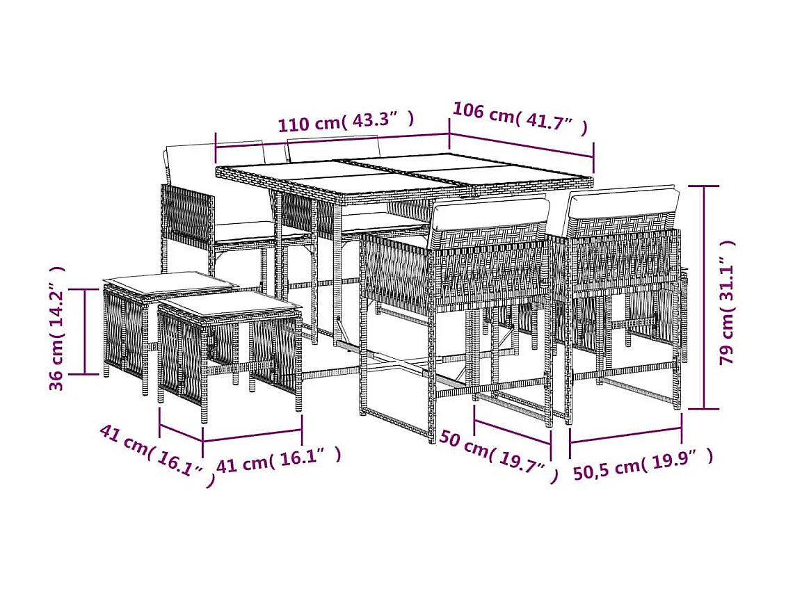 Ensemble à manger de jardin et coussins 9 pièces beige Poly rotin