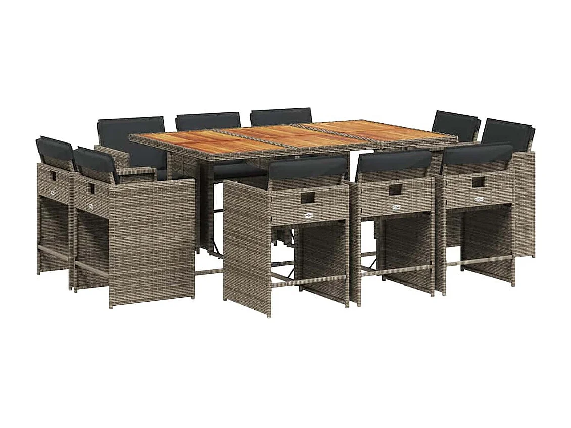 Set de comedor de jardín 11 piezas y cojines ratán sintético gris