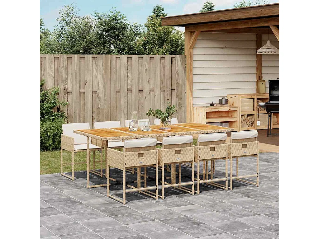 Ensemble à manger de jardin et coussins 9 pièces beige Poly rotin
