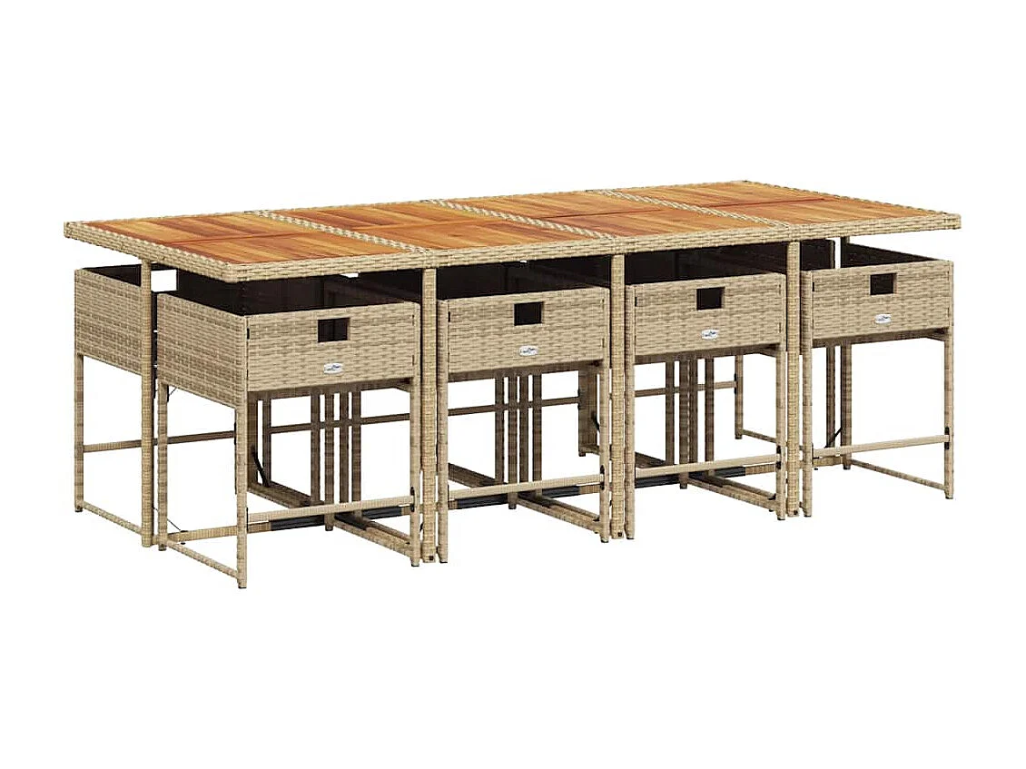 Ensemble à manger de jardin et coussins 9 pièces beige Poly rotin