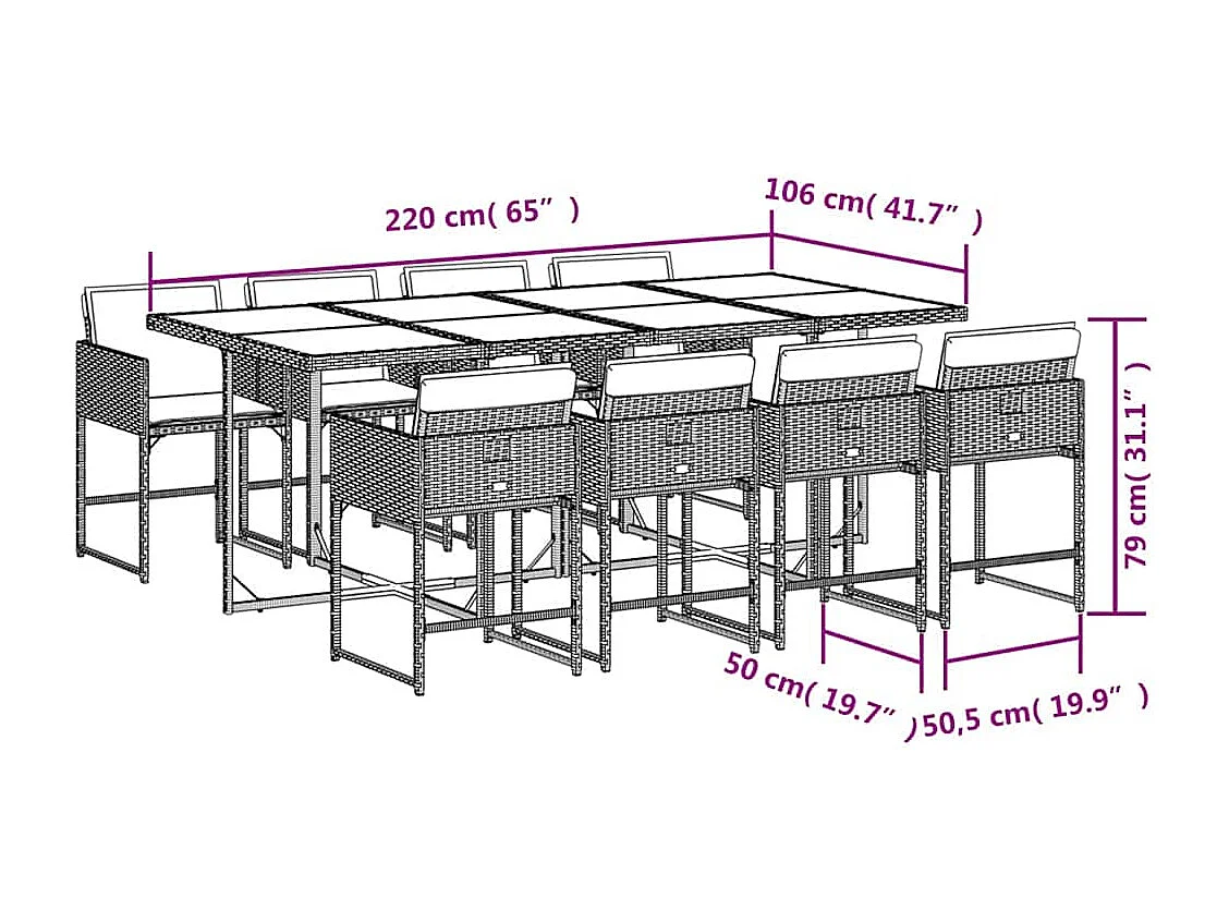 Ensemble à manger de jardin et coussins 9 pièces beige Poly rotin