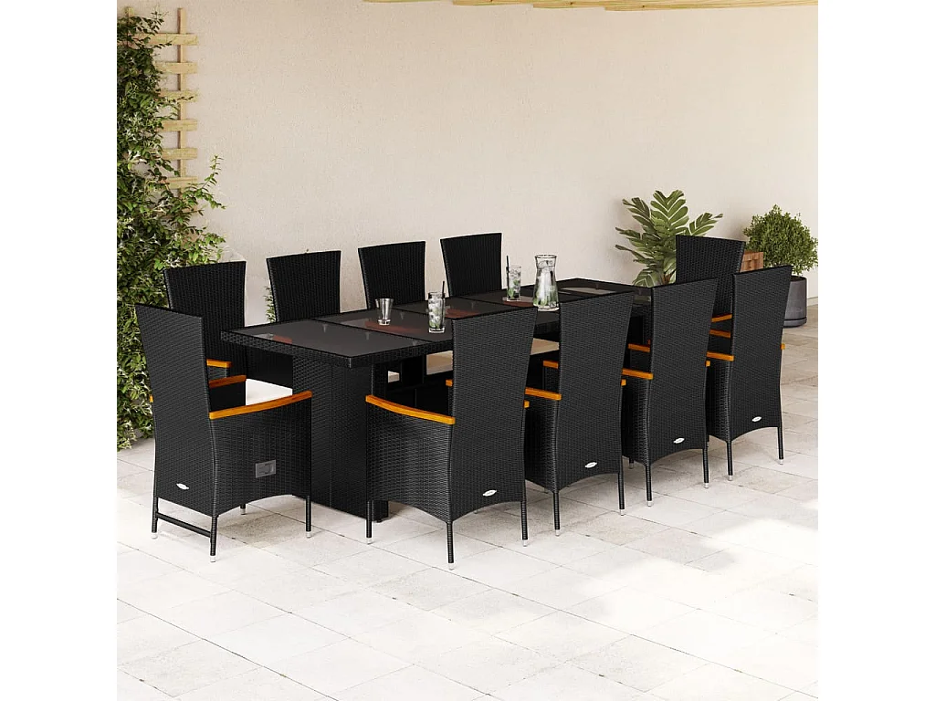 Set de comedor jardín 11 piezas con cojines ratán sintético negro