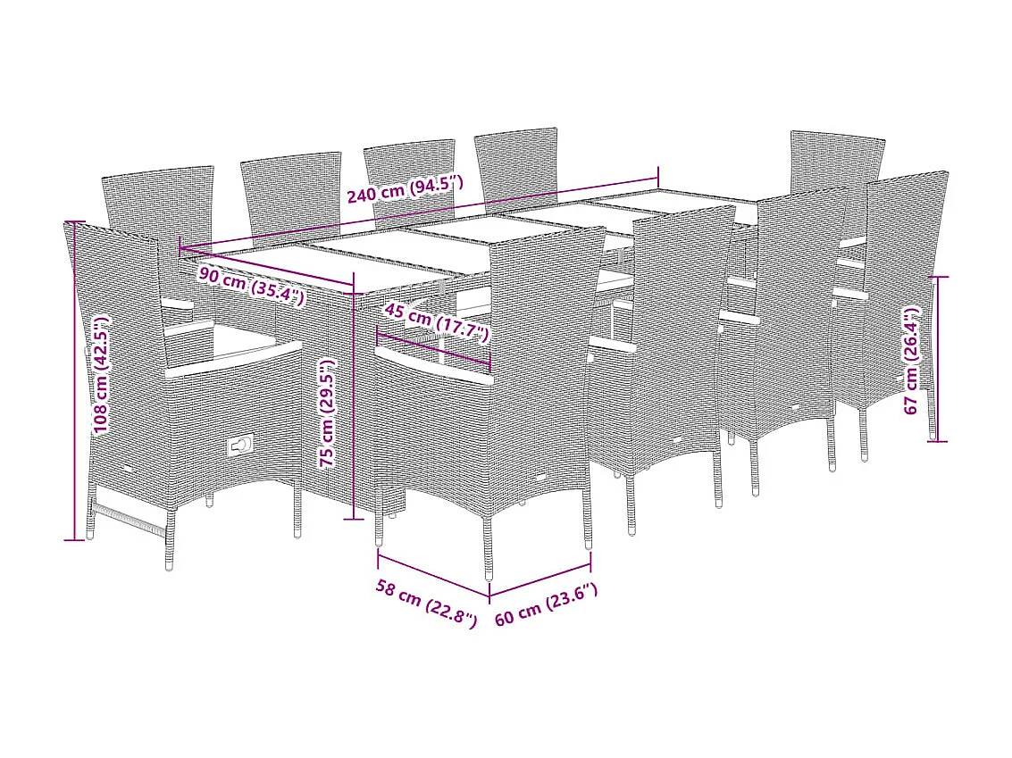 Set de comedor jardín 11 piezas con cojines ratán sintético negro