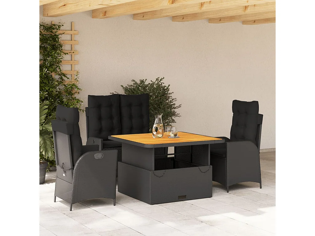 Ensemble à manger de jardin 4 pièces avec coussins noir