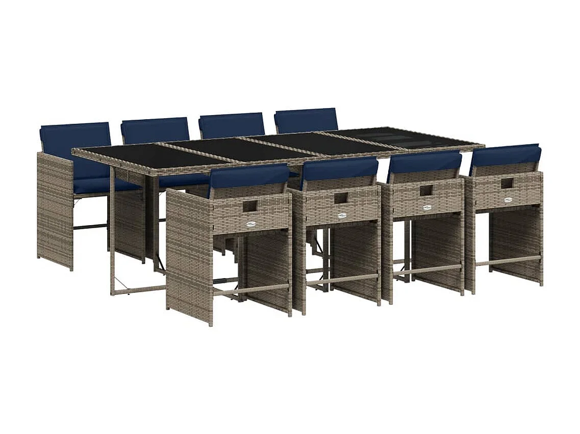 Ensemble à manger de jardin 9 pièces coussins gris résine tressée