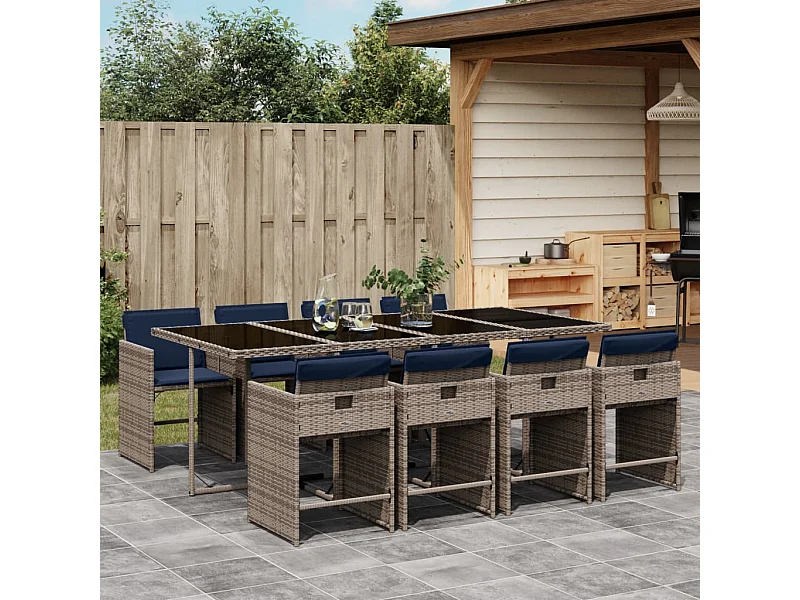 Ensemble à manger de jardin 9 pièces coussins gris résine tressée