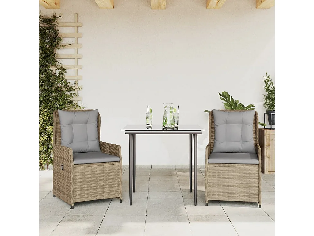 Set comedor de jardín 3 piezas con cojines ratán sintético beige