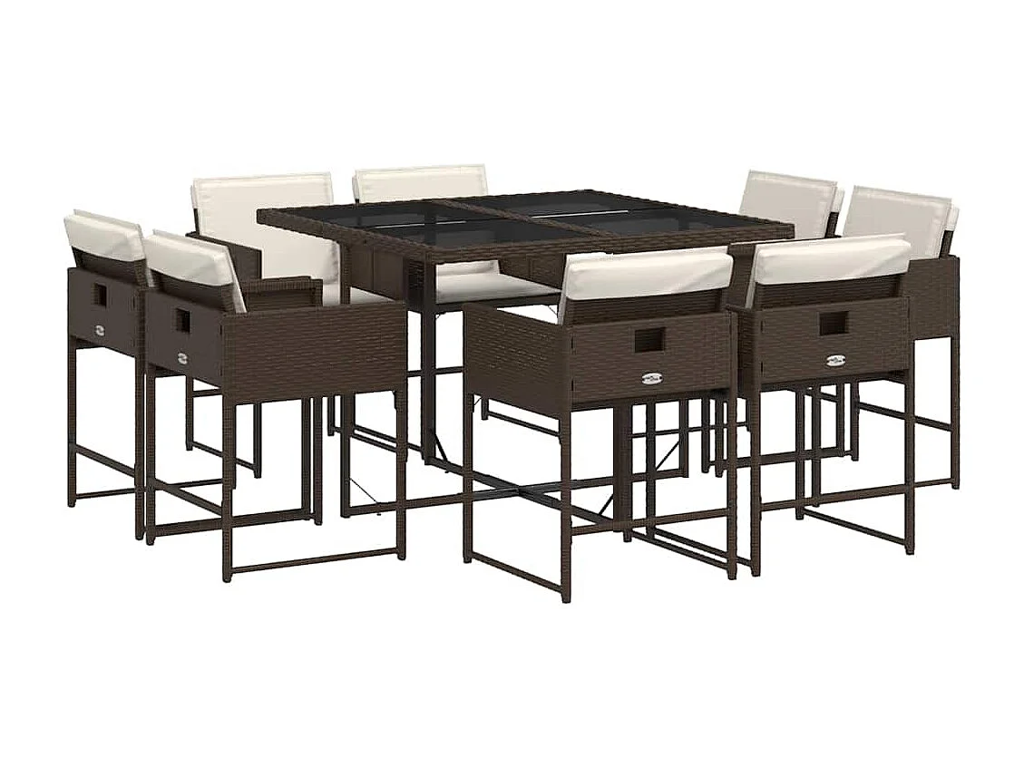 Set comedor para jardín 9 piezas y cojines ratán sintético marrón