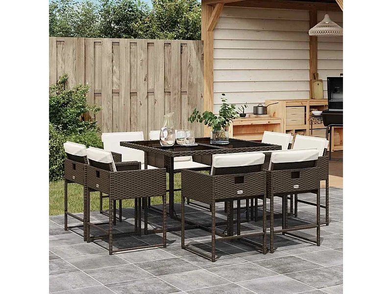Set comedor para jardín 9 piezas y cojines ratán sintético marrón