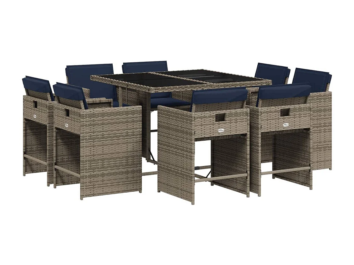 Ensemble à manger de jardin 9 pièces coussins gris résine tressée