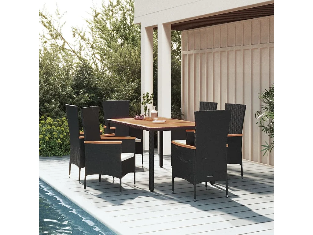 Set de comedor de jardín 7 piezas y cojines ratán sintético negro