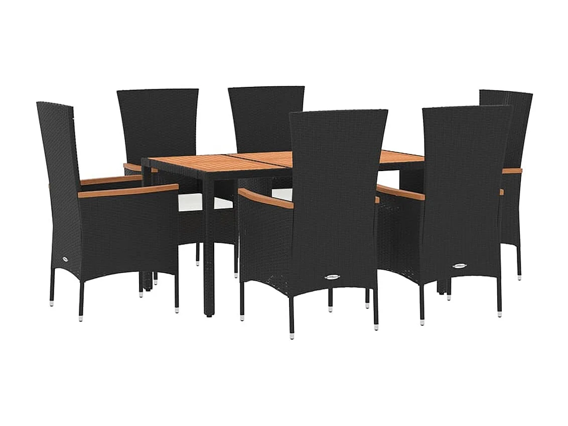 Set de comedor de jardín 7 piezas y cojines ratán sintético negro