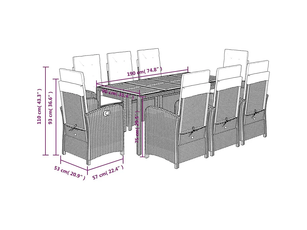 Ensemble à manger de jardin 9 pièces coussins noir résine tressée