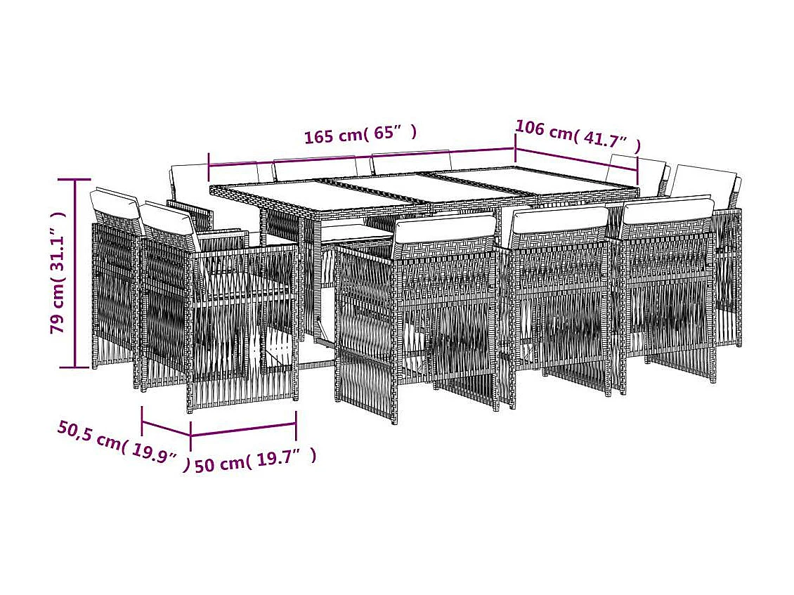 Set de comedor de jardín 11 piezas y cojines ratán sintético gris
