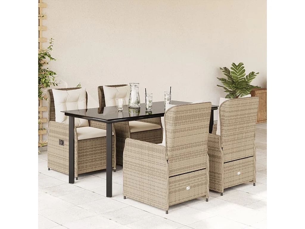 Set comedor de jardín 5 piezas con cojines ratán sintético beige