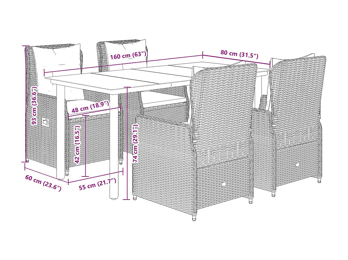 Set comedor de jardín 5 piezas con cojines ratán sintético beige