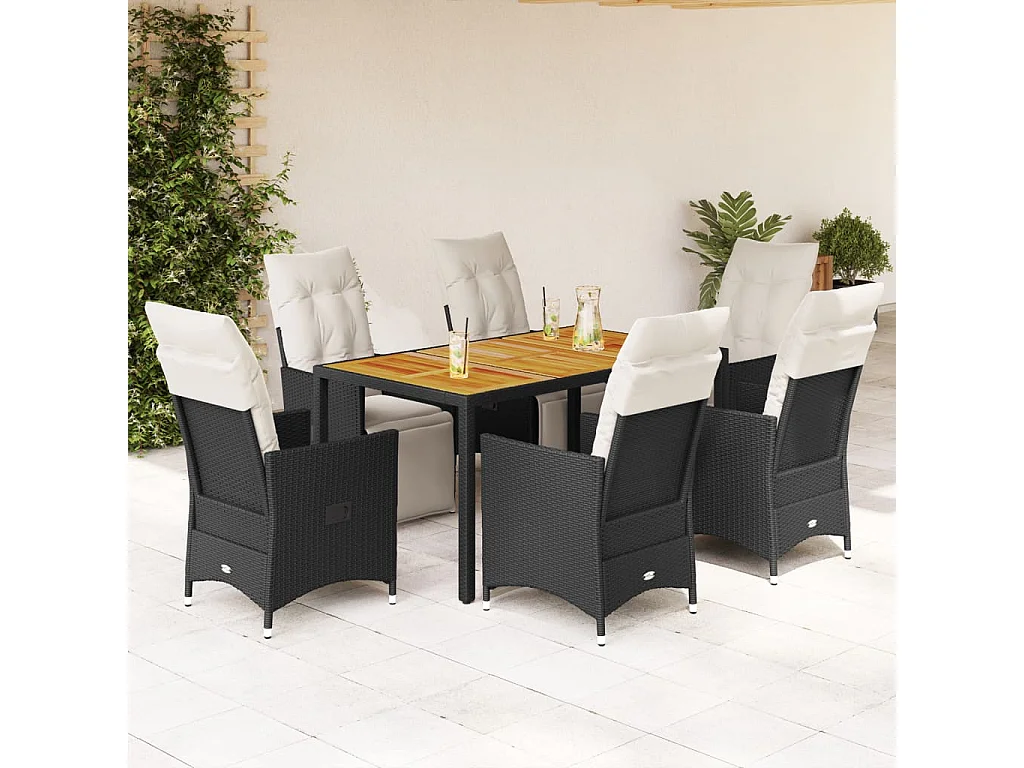 Set de comedor de jardín 7 piezas y cojines ratán sintético negro
