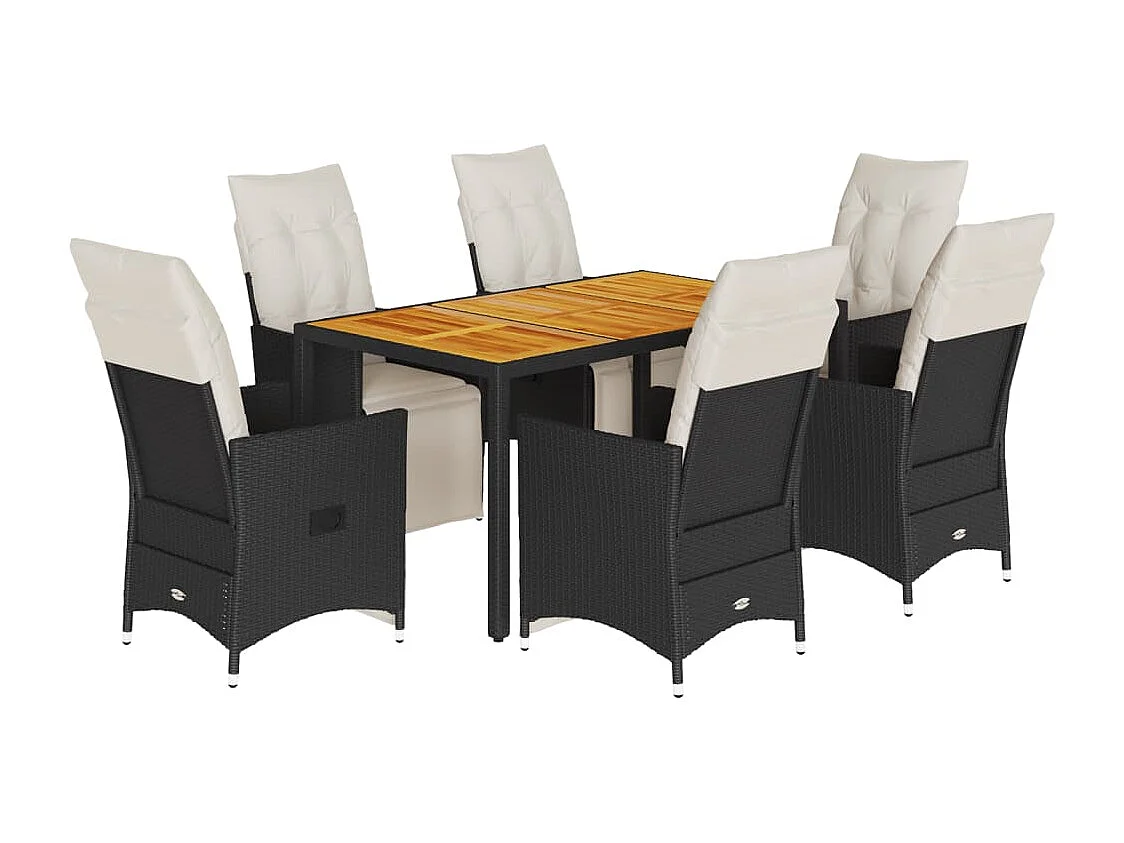 Set de comedor de jardín 7 piezas y cojines ratán sintético negro
