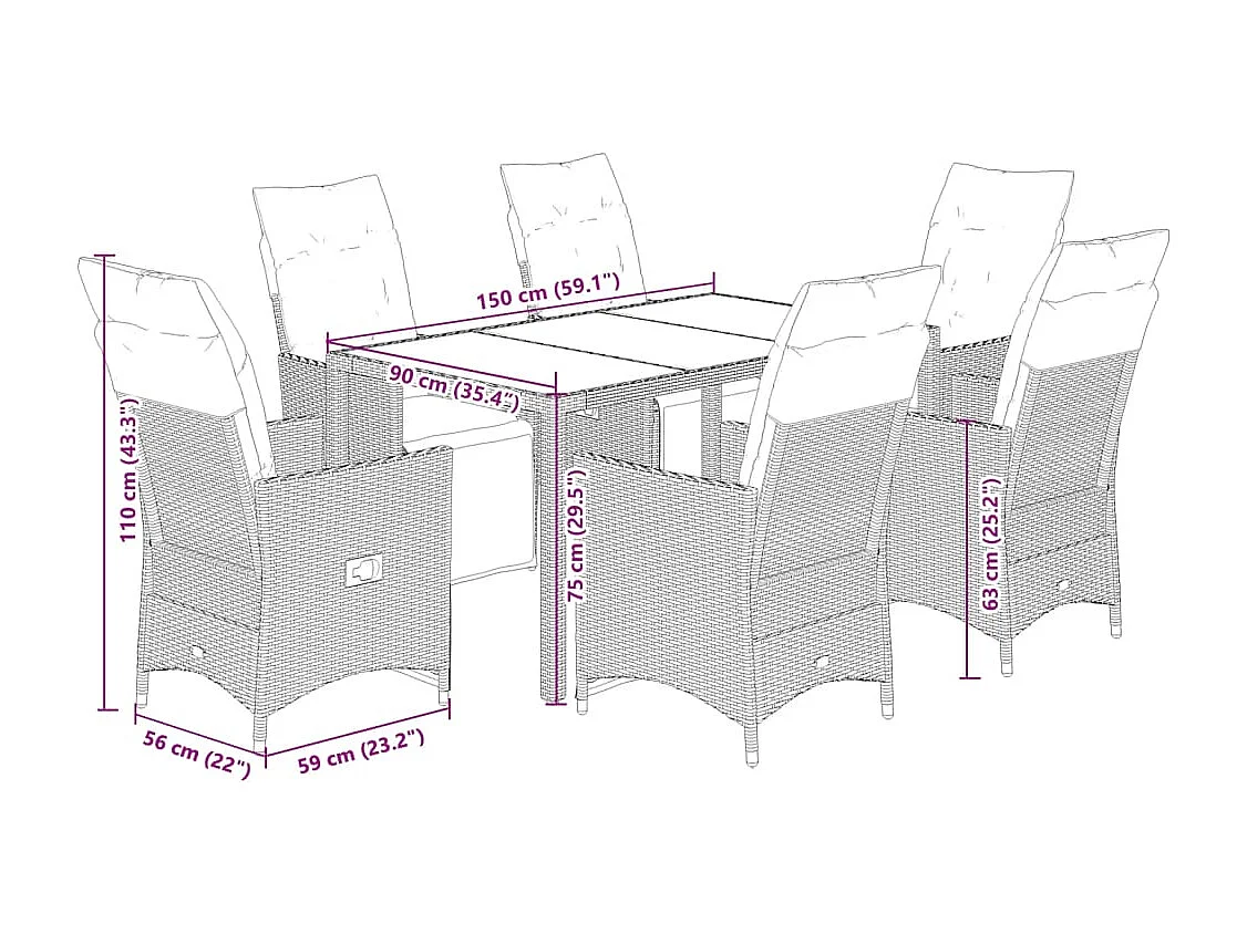 Set de comedor de jardín 7 piezas y cojines ratán sintético negro