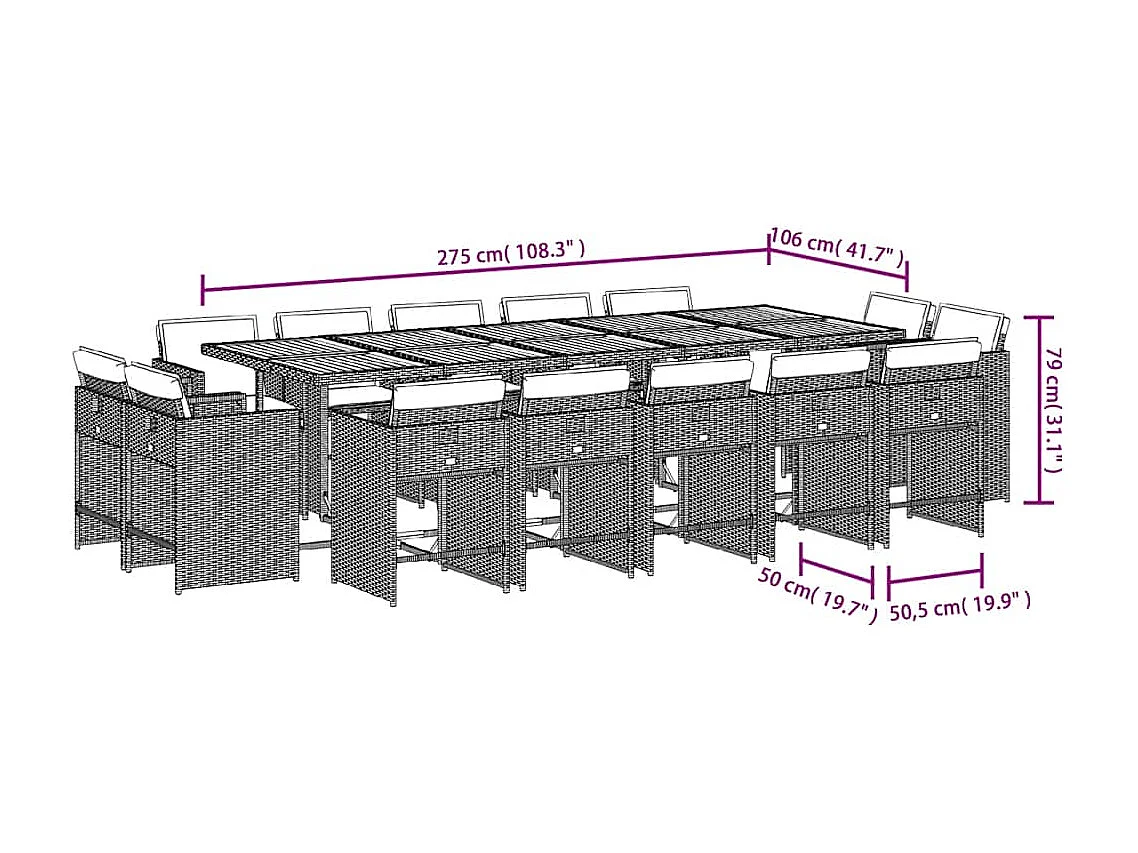 Set comedor de jardín con cojines 15 piezas ratán sintético gris