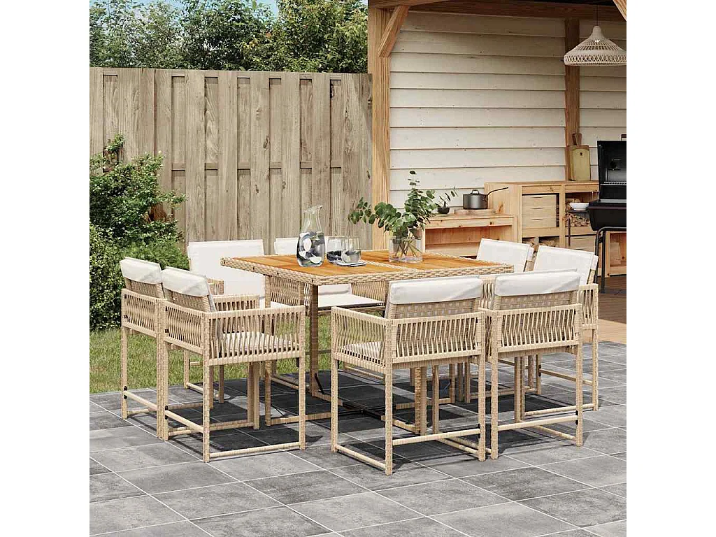 Ensemble à manger de jardin et coussins 9 pièces beige Poly rotin
