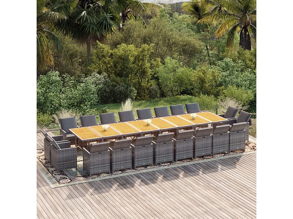Set de comedor jardín 21 piezas con cojines ratán sintético gris