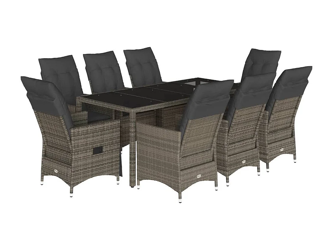 Set comedor jardín 9 piezas y cojines ratán sintético gris