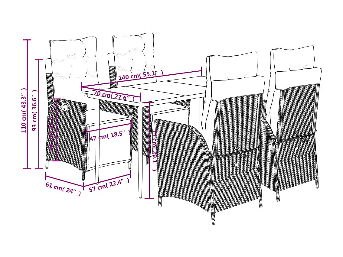Set comedor de jardín 5 piezas cojines ratán sintético gris claro