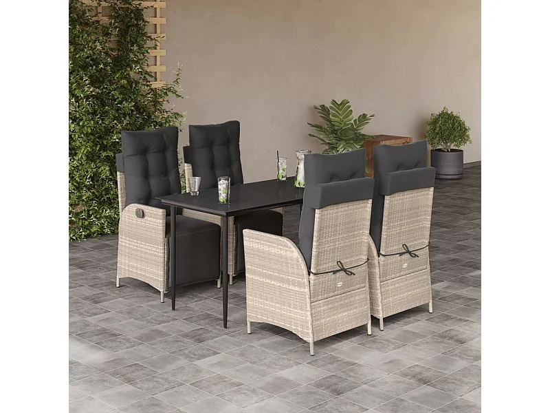 Set comedor de jardín 5 piezas cojines ratán sintético gris claro