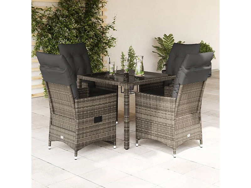 Set comedor de jardín 5 piezas con cojines ratán sintético gris