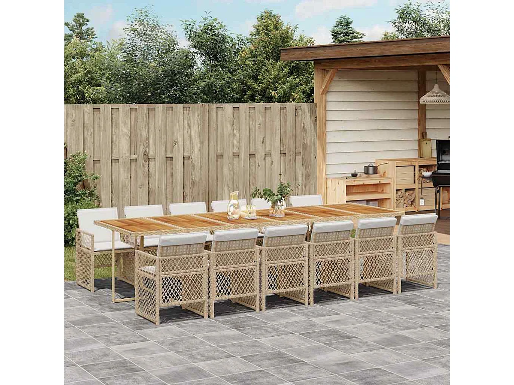 Set comedor de jardín con cojines 13 piezas ratán sintético beige