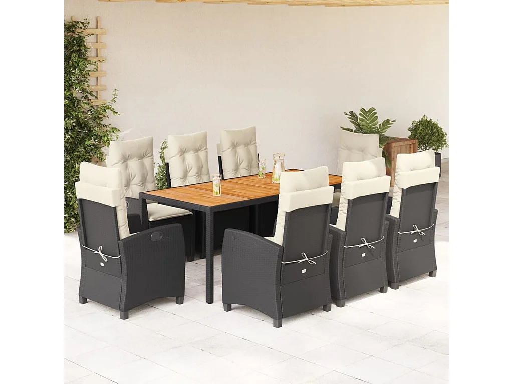 Ensemble à manger de jardin 9 pièces coussins noir résine tressée