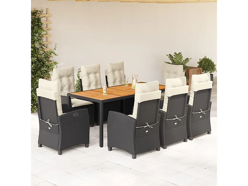 Ensemble à manger de jardin 9 pièces coussins noir résine tressée