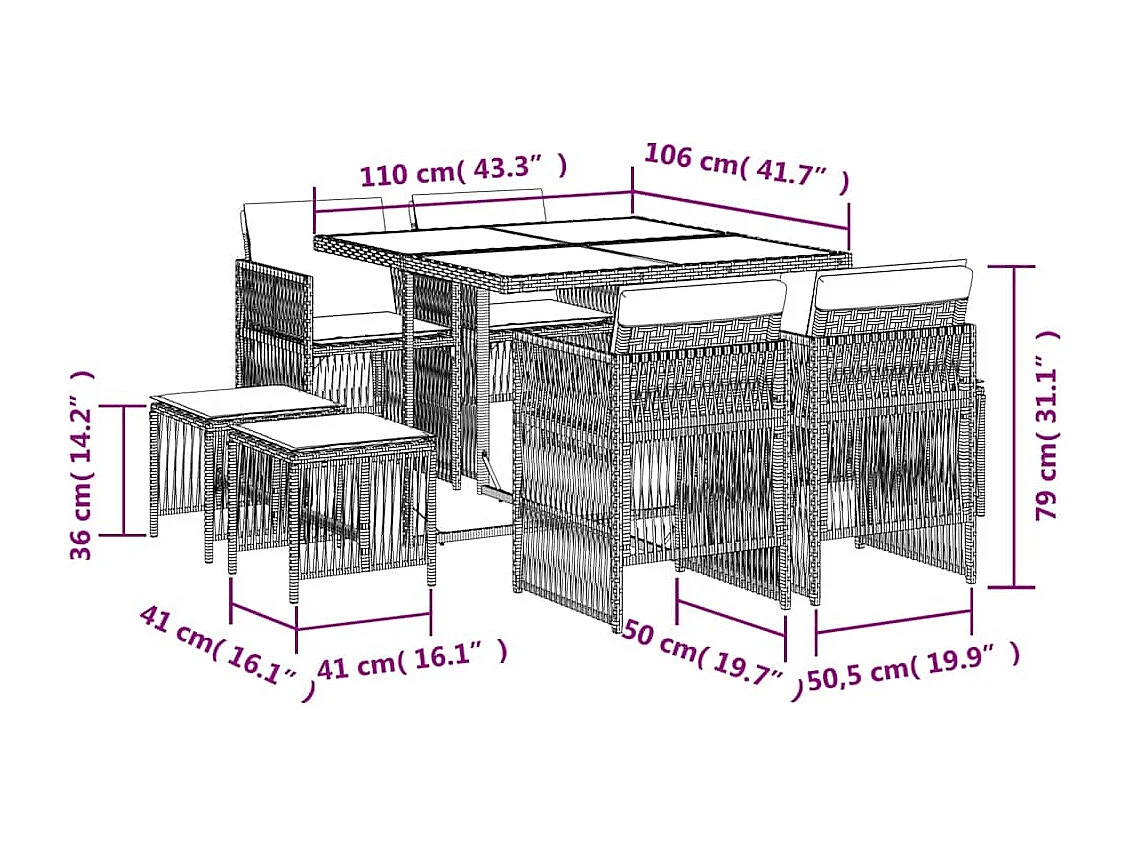 Ensemble à manger de jardin 9 pièces coussins noir résine tressée