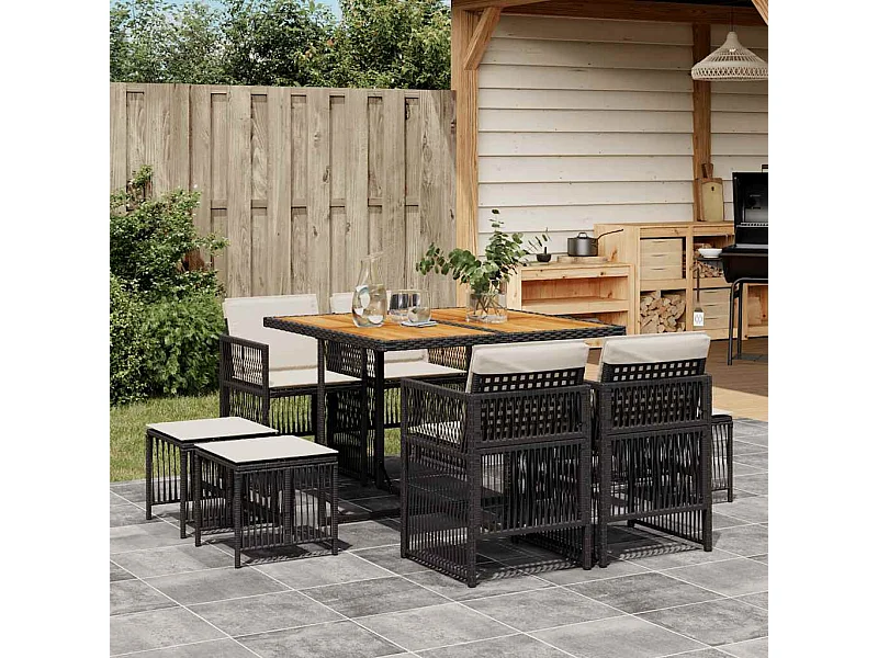 Ensemble à manger de jardin 9 pièces coussins noir résine tressée